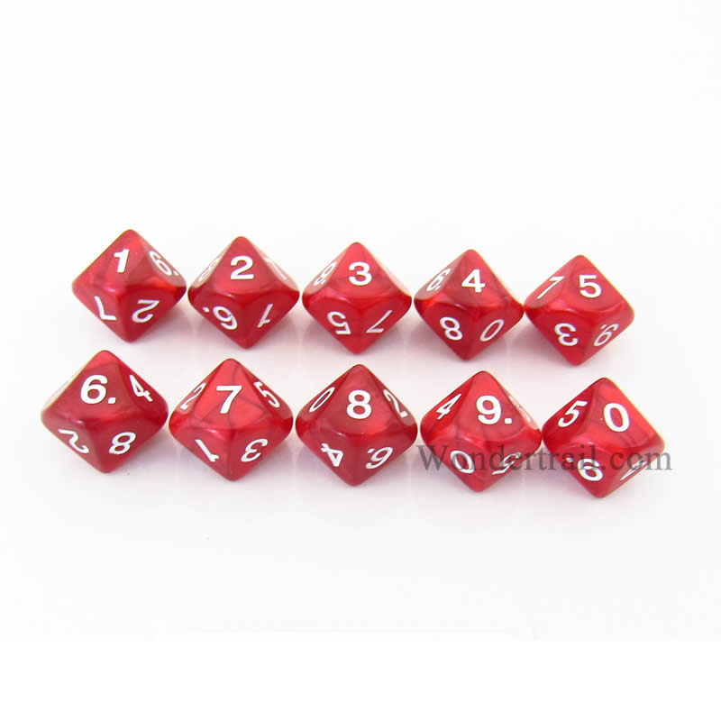 KOP08519 Red Pearlized Dice White Numbers D10 16mm (5/8in) Pack of 10 (ONLINE ORDER ONLY)