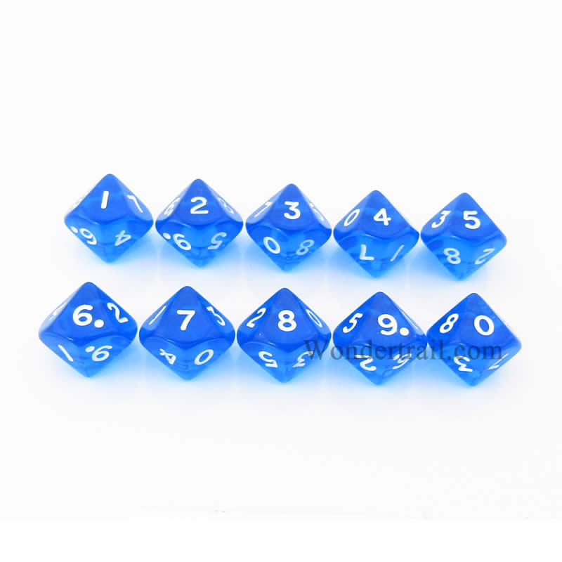 KOP08520 Blue Transparent Dice White Numbers D10 16mm Pack of 10 (ONLINE ORDER ONLY)