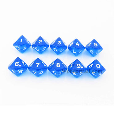 KOP08520 Blue Transparent Dice White Numbers D10 16mm Pack of 10 (ONLINE ORDER ONLY)