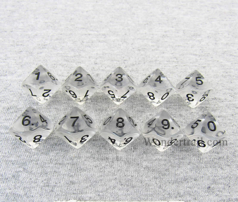 KOP08521 Clear Transparent Dice Black Numbers D10 16mm Pack of 10 (ONLINE ORDER ONLY)