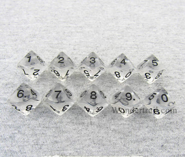 KOP08521 Clear Transparent Dice Black Numbers D10 16mm Pack of 10 (ONLINE ORDER ONLY)