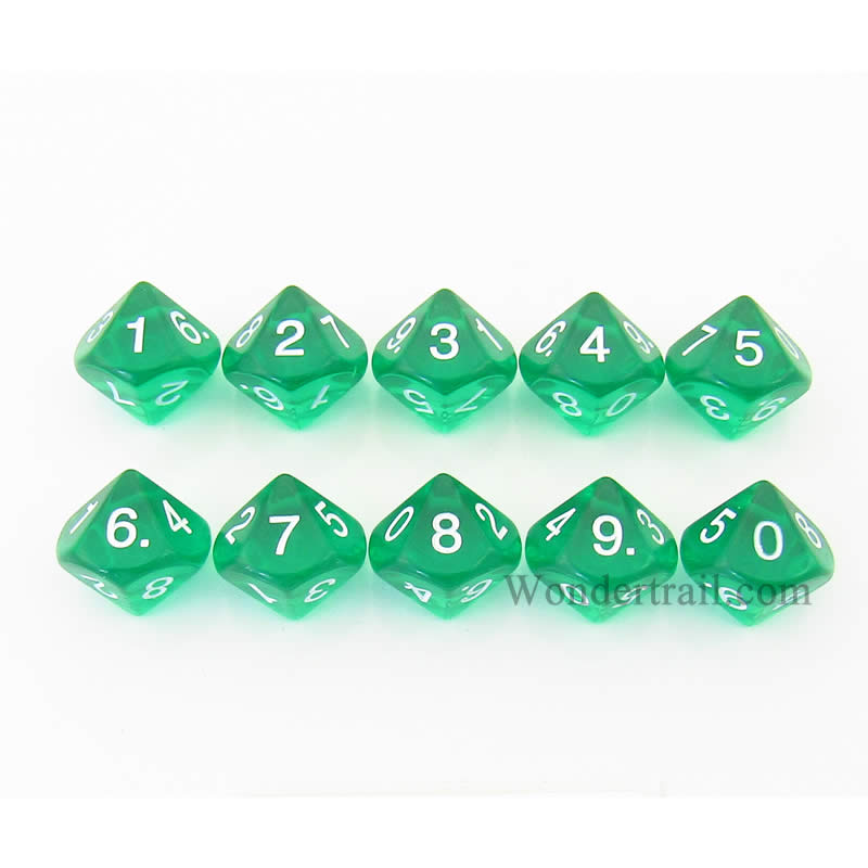 KOP08522 Green Transparent Dice White Numbers D10 16mm Pack of 10 (ONLINE ORDER ONLY)