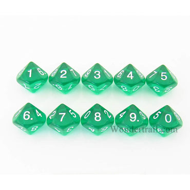 KOP08522 Green Transparent Dice White Numbers D10 16mm Pack of 10 (ONLINE ORDER ONLY)