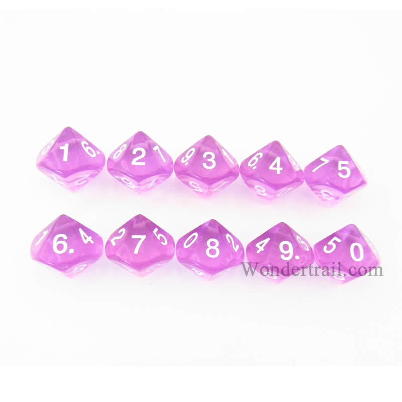 KOP08523 Orchid Transparent Dice White Numbers D10 16mm Pack of 10 (ONLINE ORDER ONLY)