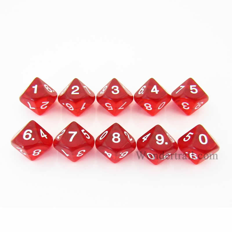 KOP08525 Red Transparent Dice White Numbers D10 16mm Pack of 10 (ONLINE ORDER ONLY)