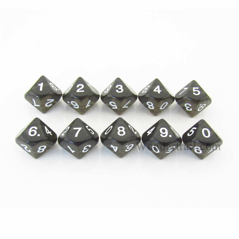 KOP08526 Smoke Transparent Dice White Numbers D10 16mm Pack of 10 (ONLINE ORDER ONLY)