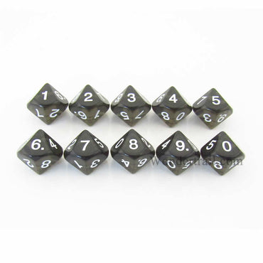 KOP08526 Smoke Transparent Dice White Numbers D10 16mm Pack of 10 (ONLINE ORDER ONLY)