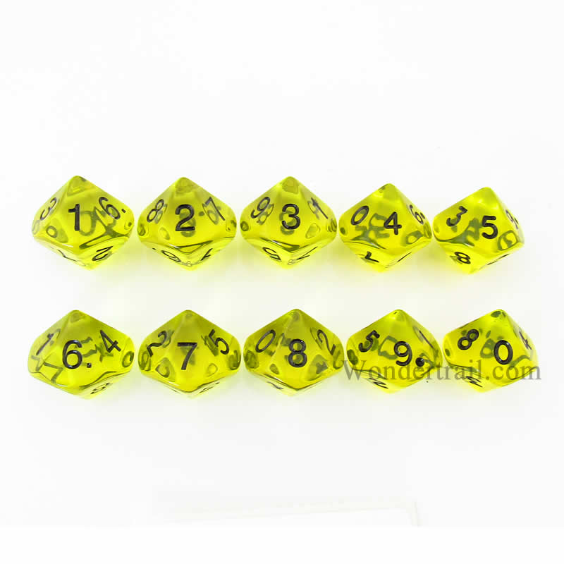 KOP08528 Yellow Transparent Dice Black Numbers D10 16mm Pack of 10 (ONLINE ORDER ONLY)