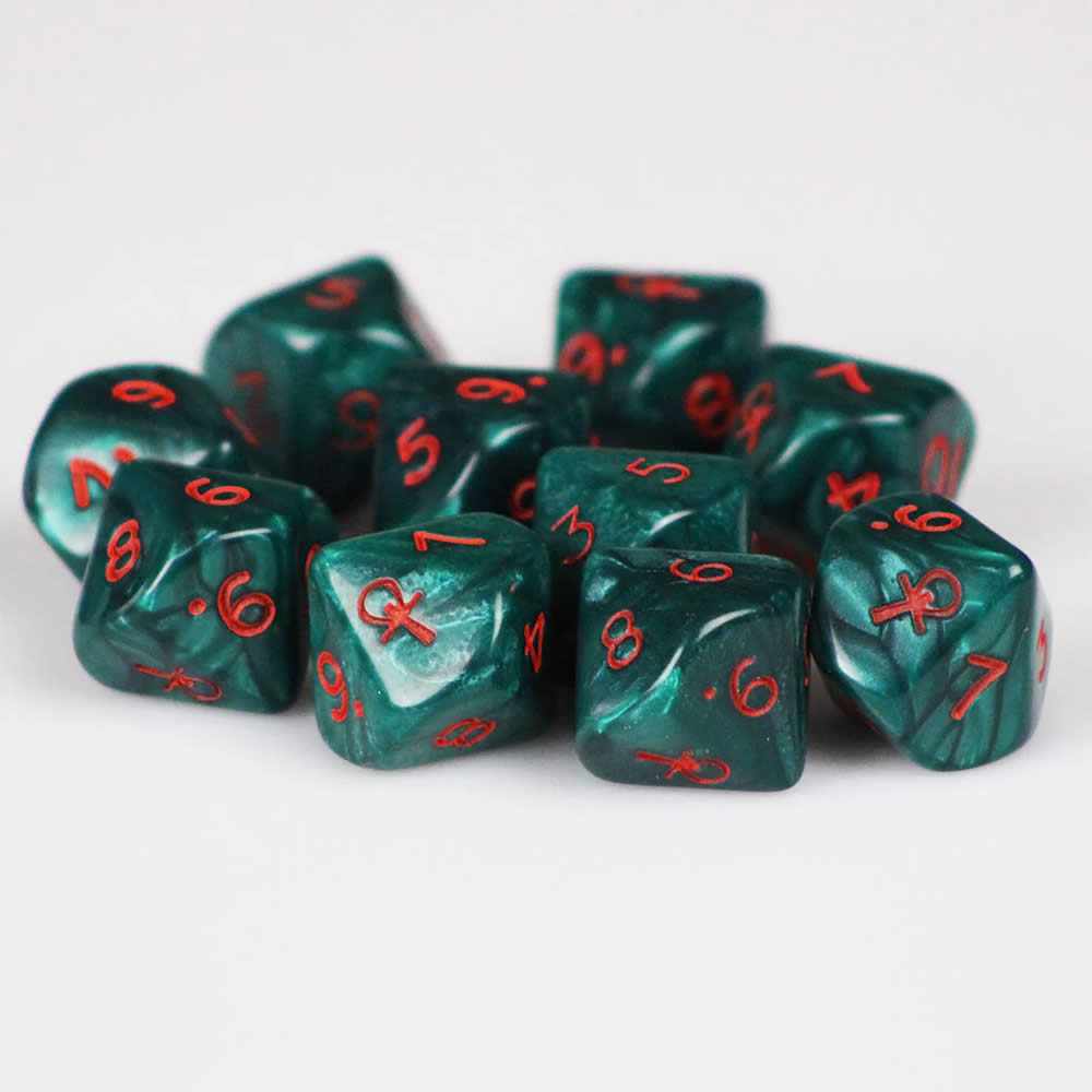 KOP08538 Green Ankh Dice with Red Numbers D10 16mm (5/8in) Pack of 10 (ONLINE ORDER ONLY)