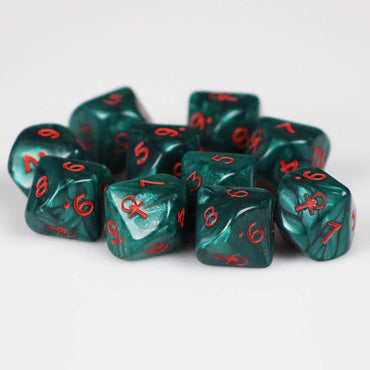 KOP08538 Green Ankh Dice with Red Numbers D10 16mm (5/8in) Pack of 10 (ONLINE ORDER ONLY)