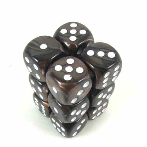 KOP08575 Brown Marbleized Deluxe Dice White Pips D6 16mm Pack of 12 (ONLINE ORDER ONLY)