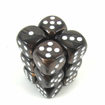 KOP08575 Brown Marbleized Deluxe Dice White Pips D6 16mm Pack of 12 (ONLINE ORDER ONLY)