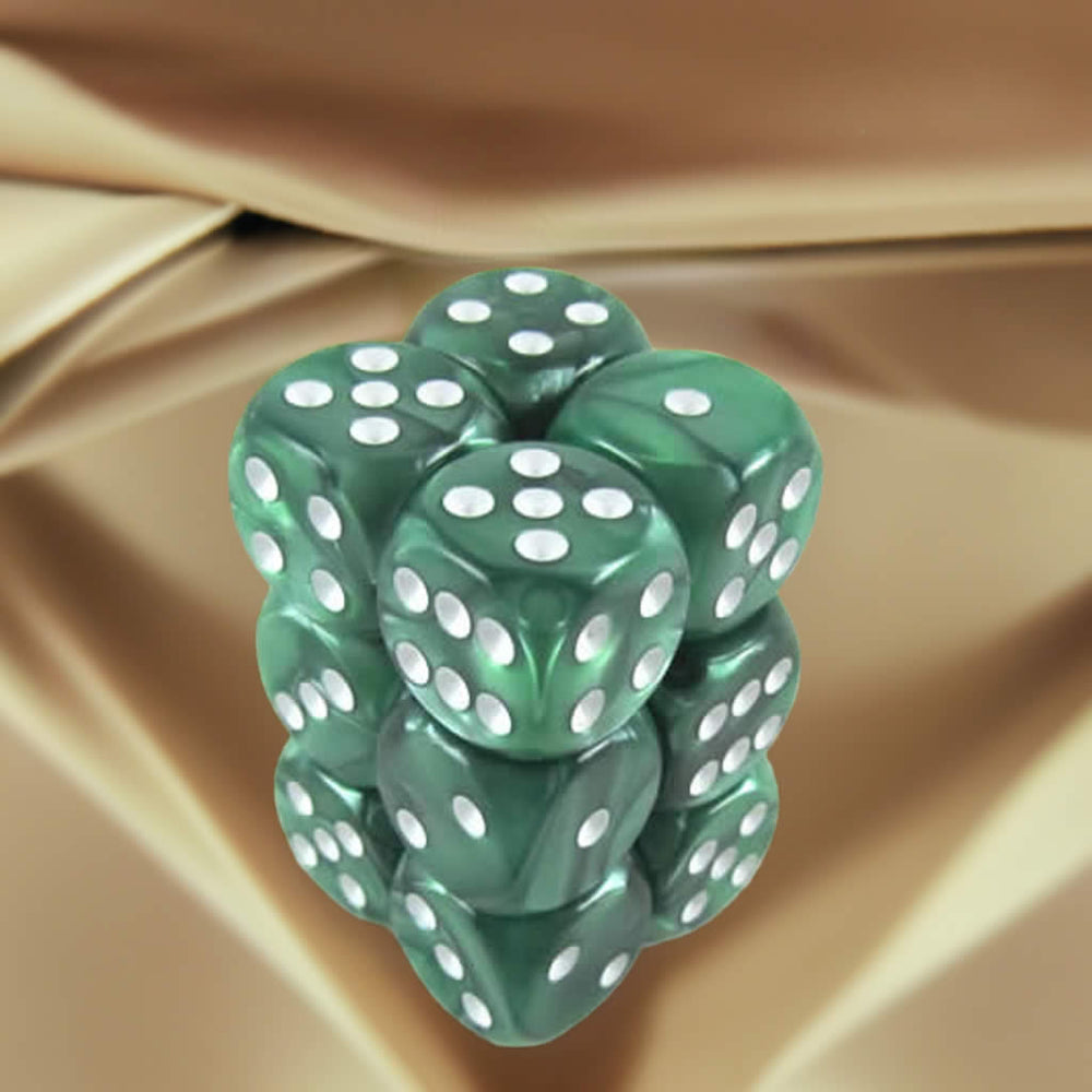 KOP08576 Green Marbleized Deluxe Dice White Pips D6 16mm Pack of 12 (ONLINE ORDER ONLY)