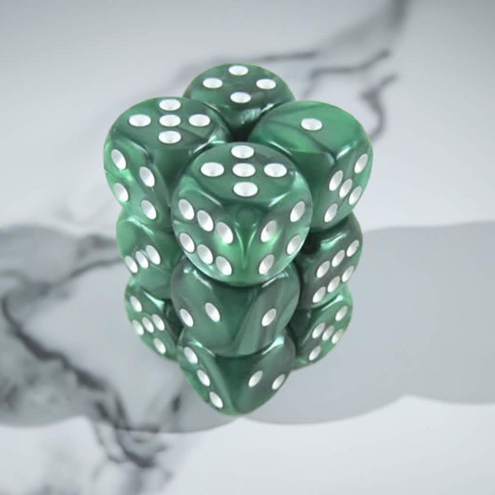KOP08576 Green Marbleized Deluxe Dice White Pips D6 16mm Pack of 12 (ONLINE ORDER ONLY)