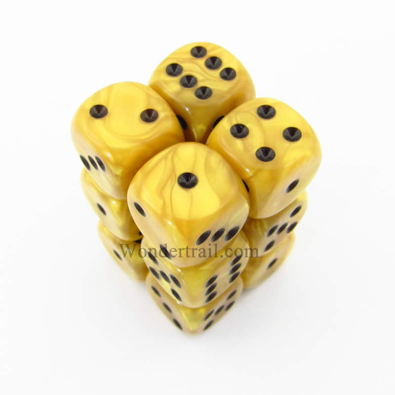 KOP08577 Gold Marbleized Deluxe Dice Black Pips D6 16mm Pack of 12 (ONLINE ORDER ONLY)