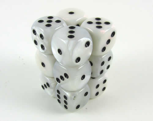 KOP08580 White Marbleized Deluxe Dice Black Pips D6 16mm Pack of 12 (ONLINE ORDER ONLY)