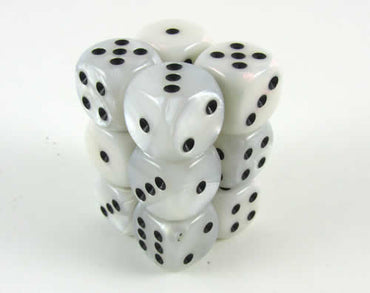 KOP08580 White Marbleized Deluxe Dice Black Pips D6 16mm Pack of 12 (ONLINE ORDER ONLY)