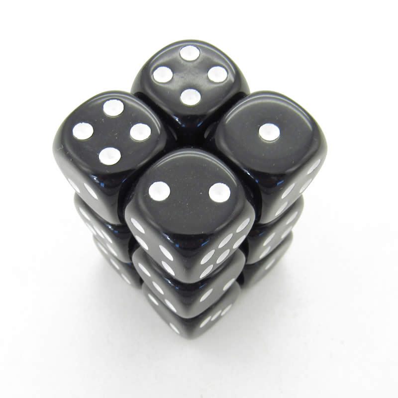 KOP08582 Black Opaque Deluxe Dice White Pips D6 16mm Pack of 12 (ONLINE ORDER ONLY)