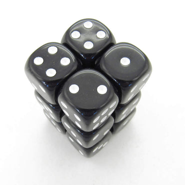 KOP08582 Black Opaque Deluxe Dice White Pips D6 16mm Pack of 12 (ONLINE ORDER ONLY)