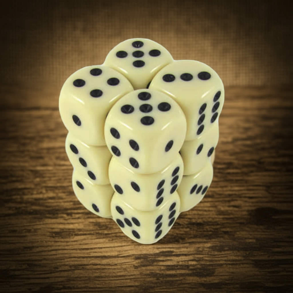 KOP08585 Ivory Color Opaque Deluxe Dice with Black Pips D6 16mm (5/8in) Pack of 12 Dice (ONLINE ORDER ONLY)