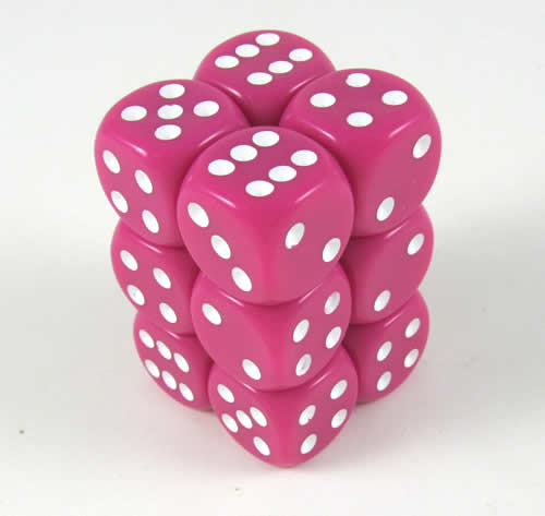 KOP08586 Pink Opaque Deluxe Dice White Pips D6 16mm (5/8in) Pack of 12 (ONLINE ORDER ONLY)