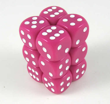 KOP08586 Pink Opaque Deluxe Dice White Pips D6 16mm (5/8in) Pack of 12 (ONLINE ORDER ONLY)
