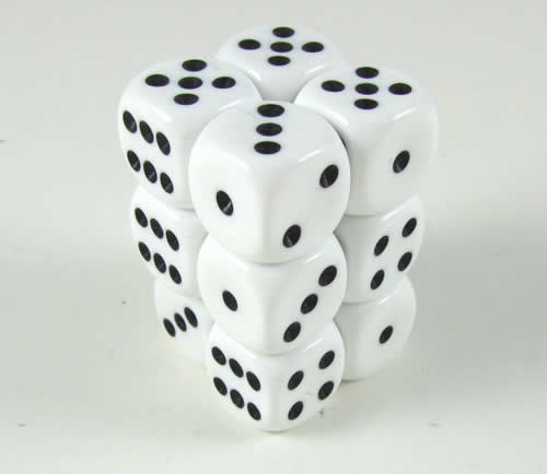 KOP08589 White Opaque Deluxe Dice Black Pips D6 16mm Pack of 12 (ONLINE ORDER ONLY)