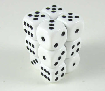 KOP08589 White Opaque Deluxe Dice Black Pips D6 16mm Pack of 12 (ONLINE ORDER ONLY)