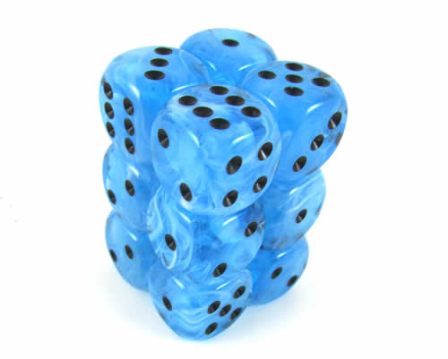 KOP08591 Ice Blue Swirl Deluxe Dice Black Pips D6 16mm (5/8in) Pack of 12 (ONLINE ORDER ONLY)