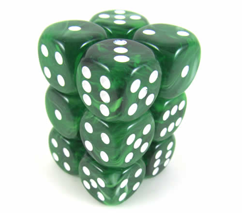 KOP08592 Ice Green Swirl Deluxe Dice White Pips D6 16mm Pack of 12 (ONLINE ORDER ONLY)