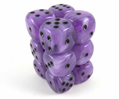 KOP08593 Ice Purple Swirl Deluxe Dice Black Pips D6 16mm Pack of 12 (ONLINE ORDER ONLY)