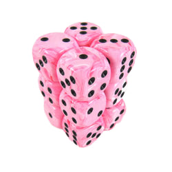 KOP08594 Pink Swirl Deluxe Dice Black Pips D6 16mm (5/8in) Pack of 12 (ONLINE ORDER ONLY)