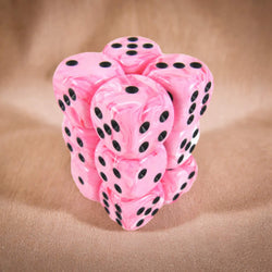 KOP08594 Pink Swirl Deluxe Dice Black Pips D6 16mm (5/8in) Pack of 12 (ONLINE ORDER ONLY)