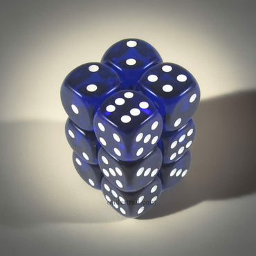 KOP08596 Blue Transparent Deluxe Dice with White Pips D6 16mm (5/8in) Pack of 12 Dice (ONLINE ORDER ONLY)