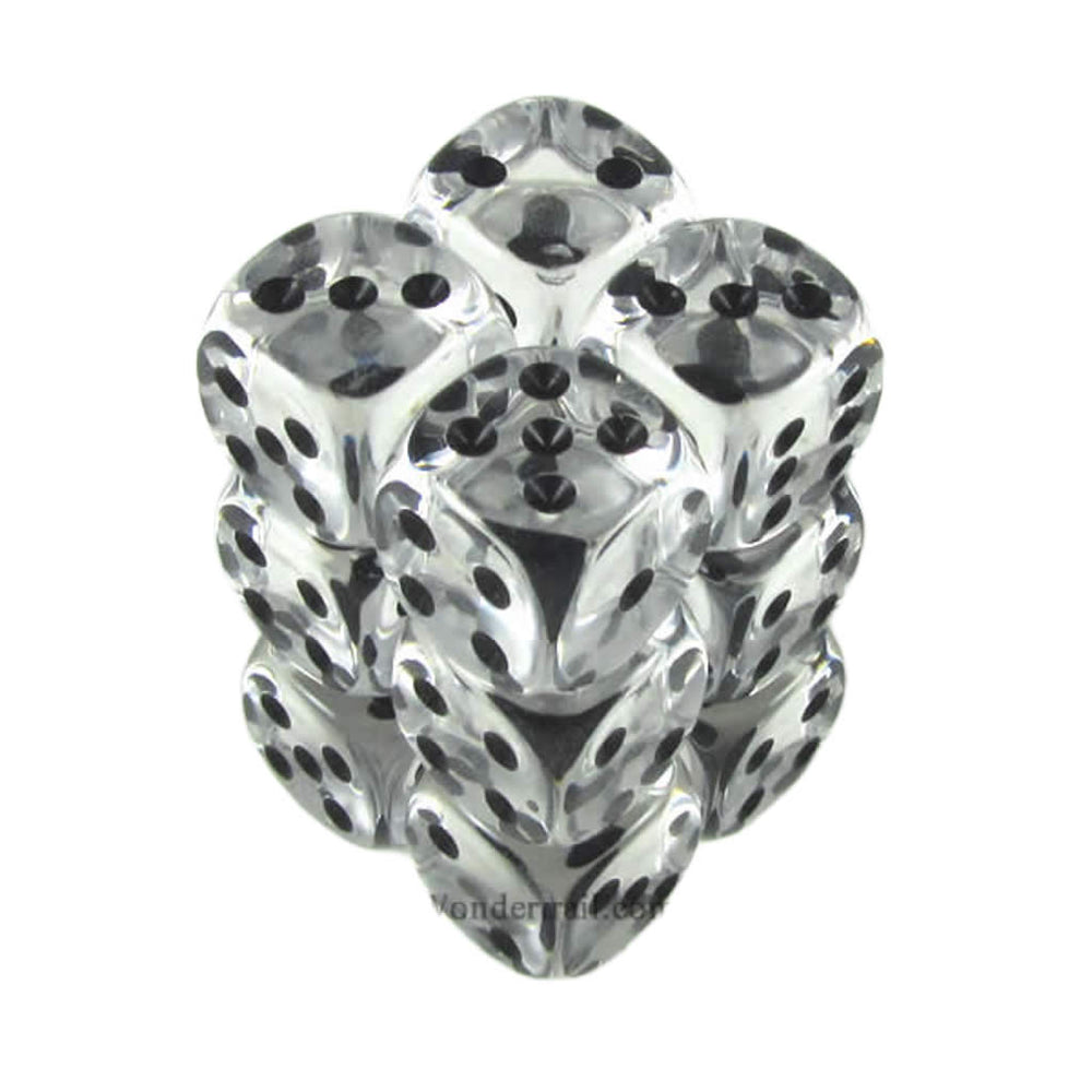 KOP08597 Clear Transparent Deluxe Dice Black Pips D6 16mm Pack of 12 (ONLINE ORDER ONLY)