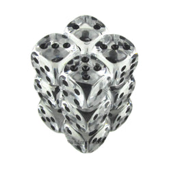 KOP08597 Clear Transparent Deluxe Dice Black Pips D6 16mm Pack of 12 (ONLINE ORDER ONLY)