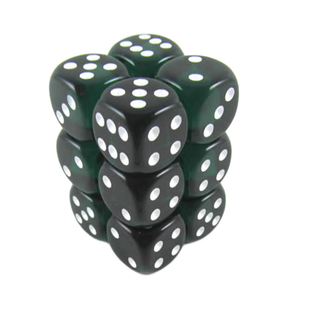KOP08598 Green Transparent Deluxe Dice White Pips D6 16mm Pack of 12 (ONLINE ORDER ONLY)