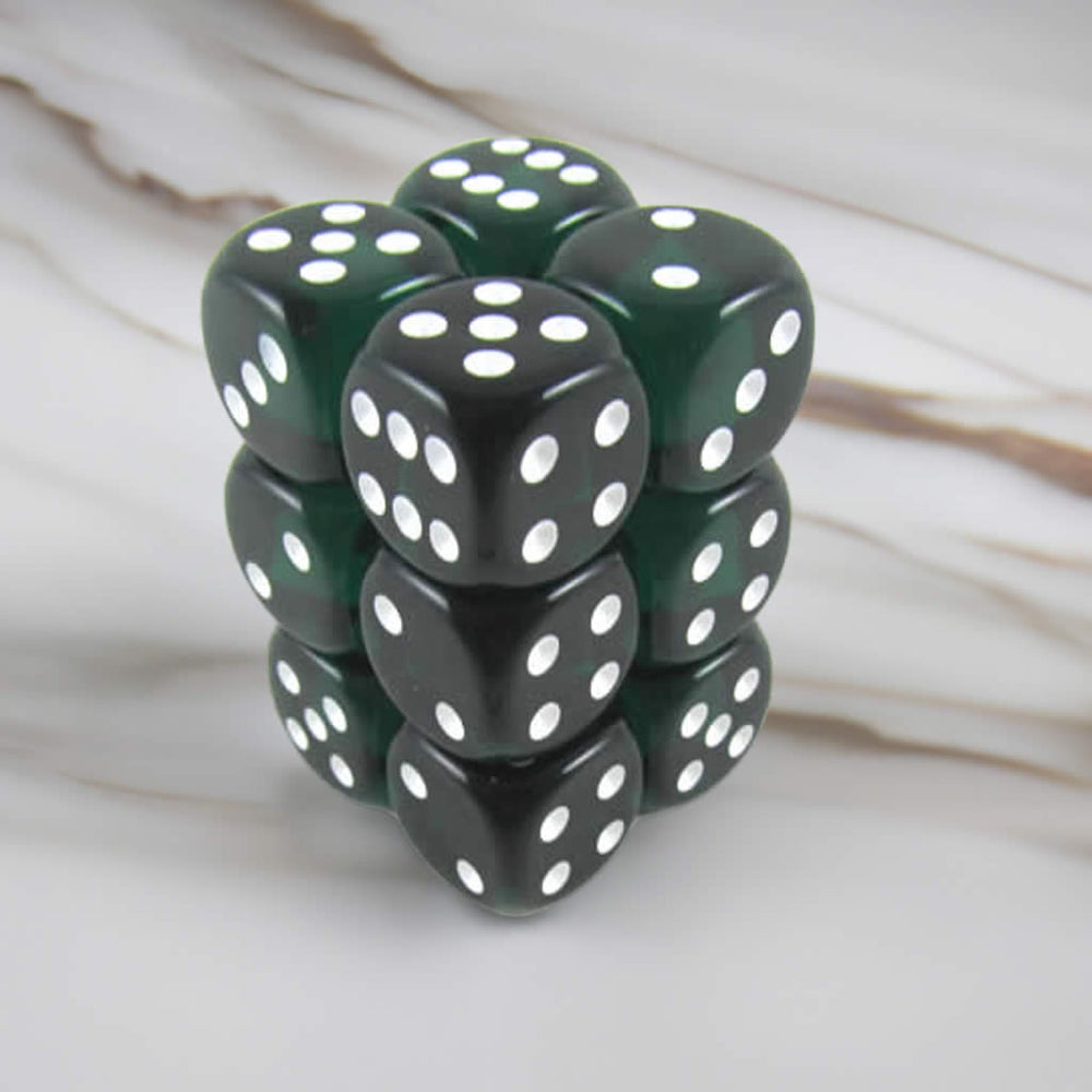 KOP08598 Green Transparent Deluxe Dice White Pips D6 16mm Pack of 12 (ONLINE ORDER ONLY)