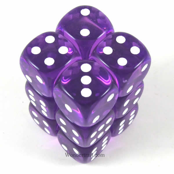 KOP08599 Purple Transparent Deluxe Dice White Pips D6 16mm Pack of 12 (ONLINE ORDER ONLY)