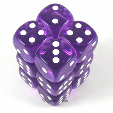 KOP08599 Purple Transparent Deluxe Dice White Pips D6 16mm Pack of 12 (ONLINE ORDER ONLY)