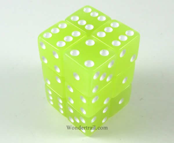 KOP08608 Lemon Glow in the Dark Dice White Pips D6 16mm Pack of 12 (ONLINE ORDER ONLY)