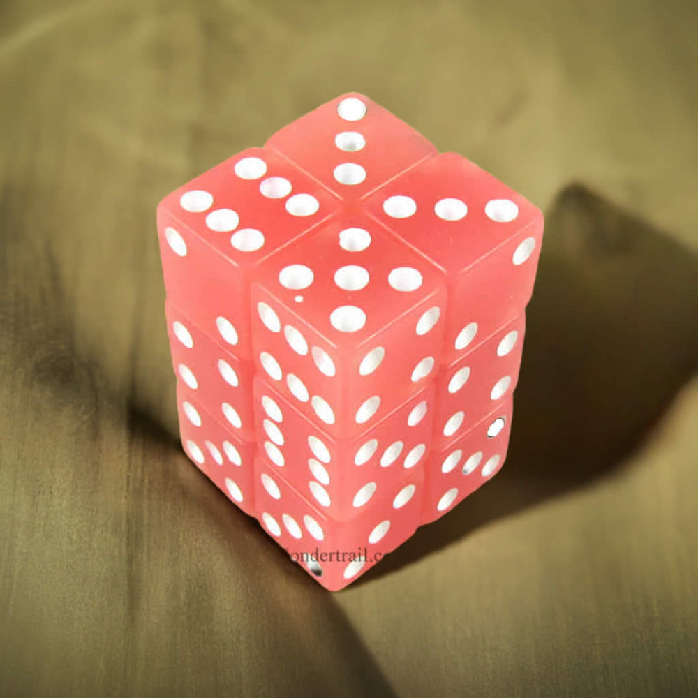 KOP08610 Peach Glow in the Dark Dice White Pips D6 16mm Pack of 12 (ONLINE ORDER ONLY)