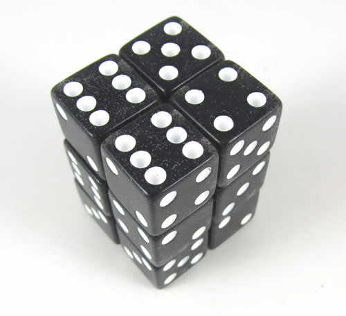 KOP08613 Black Glitter Dice with White Pips D6 16mm (5/8in) Pack of 12 (ONLINE ORDER ONLY)