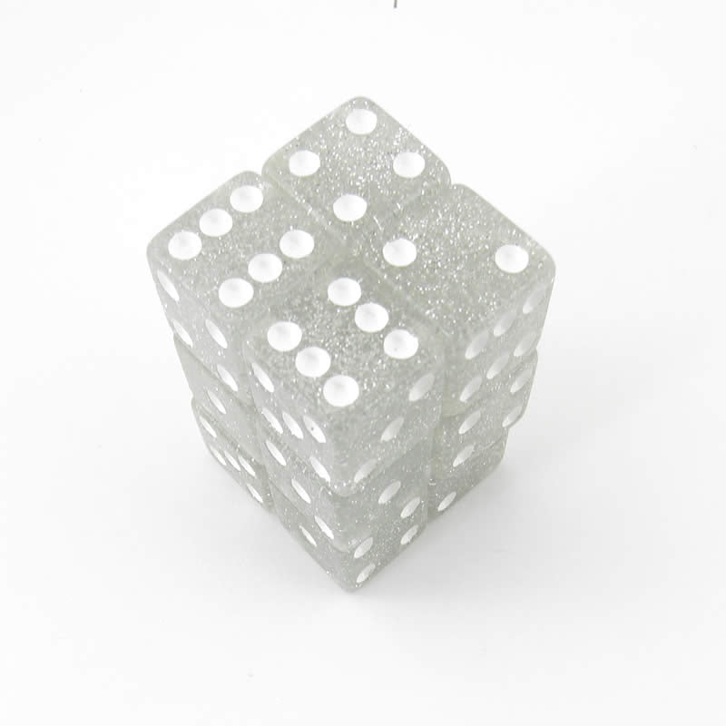 KOP08615 Clear Glitter Dice with White Pips D6 16mm (5/8in) Pack of 12 (ONLINE ORDER ONLY)