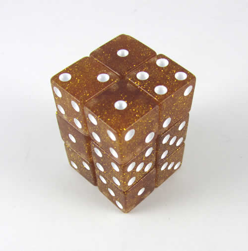 KOP08618 Yellow Glitter Dice with White Pips D6 16mm (5/8in) Pack of 12 (ONLINE ORDER ONLY)