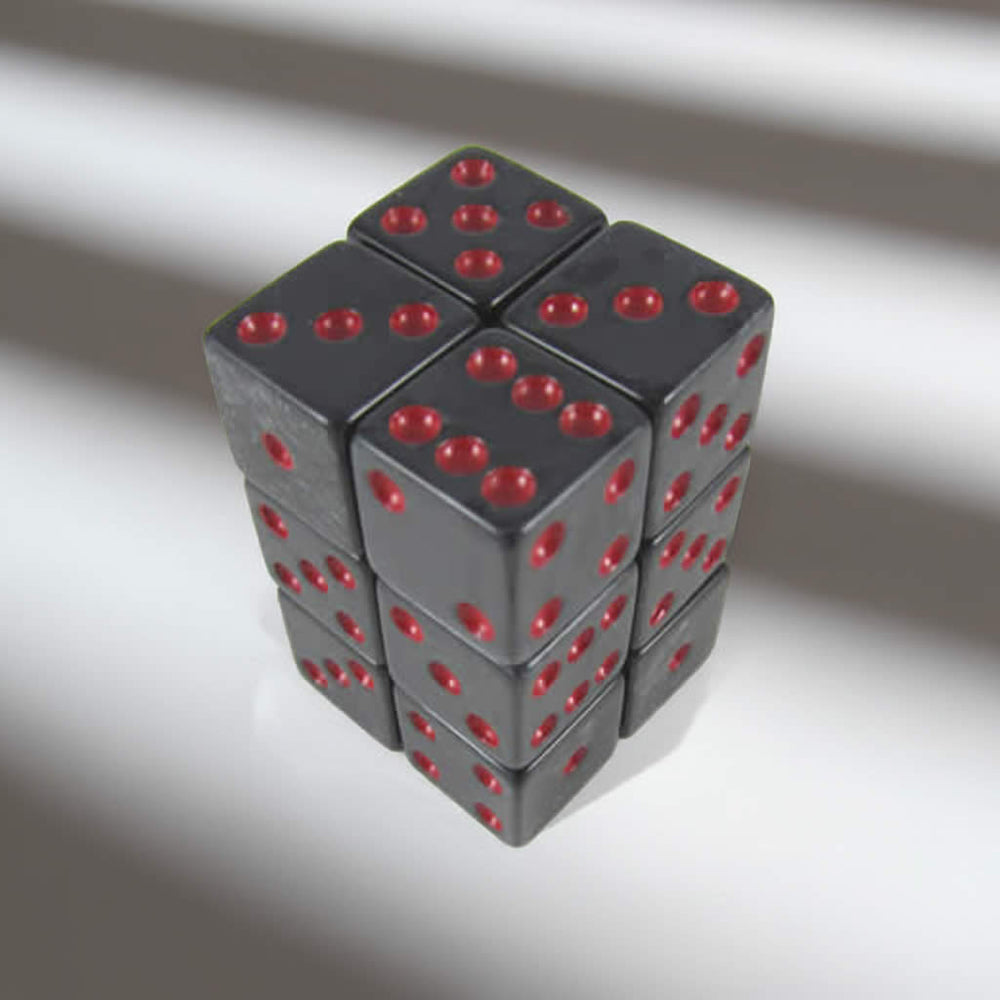 KOP08620 Charcoal Marbleized Dice with Red Pips D6 16mm (5/8in) Pack of 12 Dice (ONLINE ORDER ONLY)