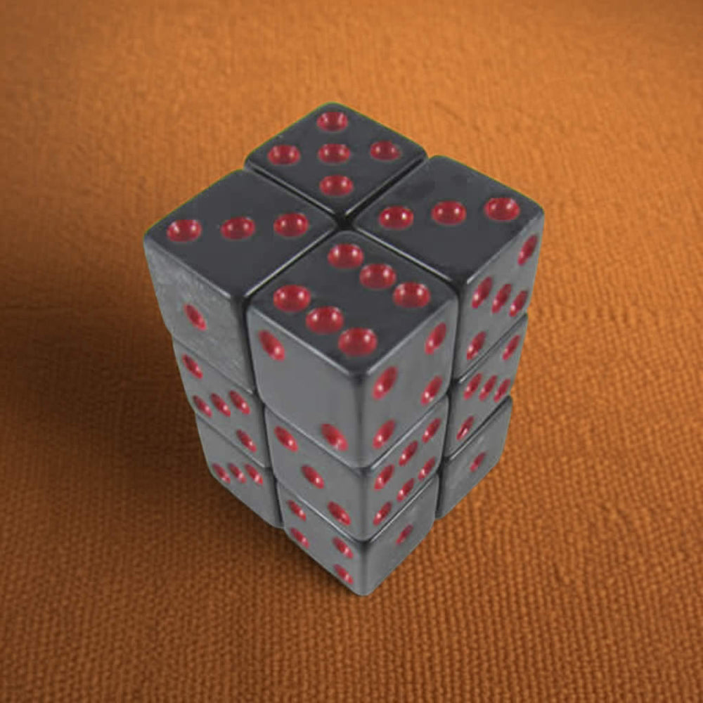 KOP08620 Charcoal Marbleized Dice with Red Pips D6 16mm (5/8in) Pack of 12 Dice (ONLINE ORDER ONLY)