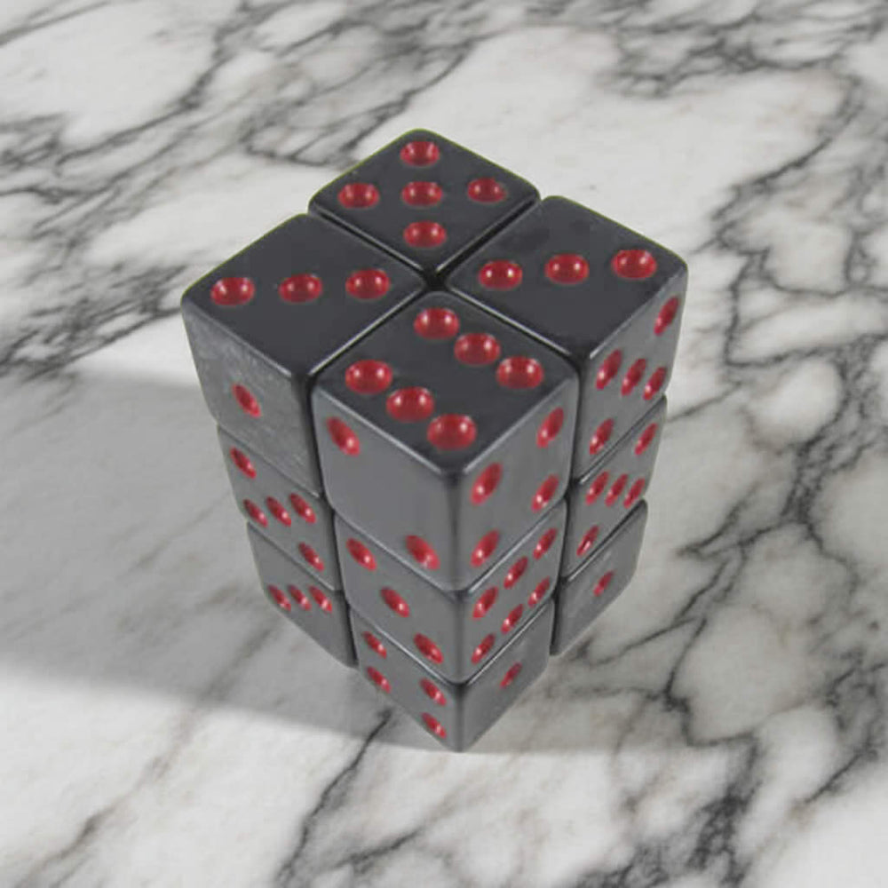 KOP08620 Charcoal Marbleized Dice with Red Pips D6 16mm (5/8in) Pack of 12 Dice (ONLINE ORDER ONLY)