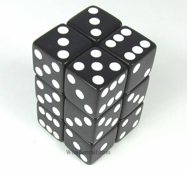 KOP08625 Black Opaque Dice with White Pips D6 16mm (5/8in) Pack of 12 (ONLINE ORDER ONLY)