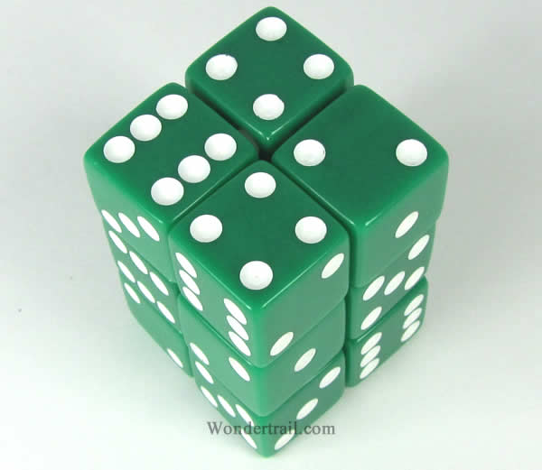 KOP08627 Green Opaque Dice with White Pips D6 16mm (5/8in) Pack of 12 (ONLINE ORDER ONLY)